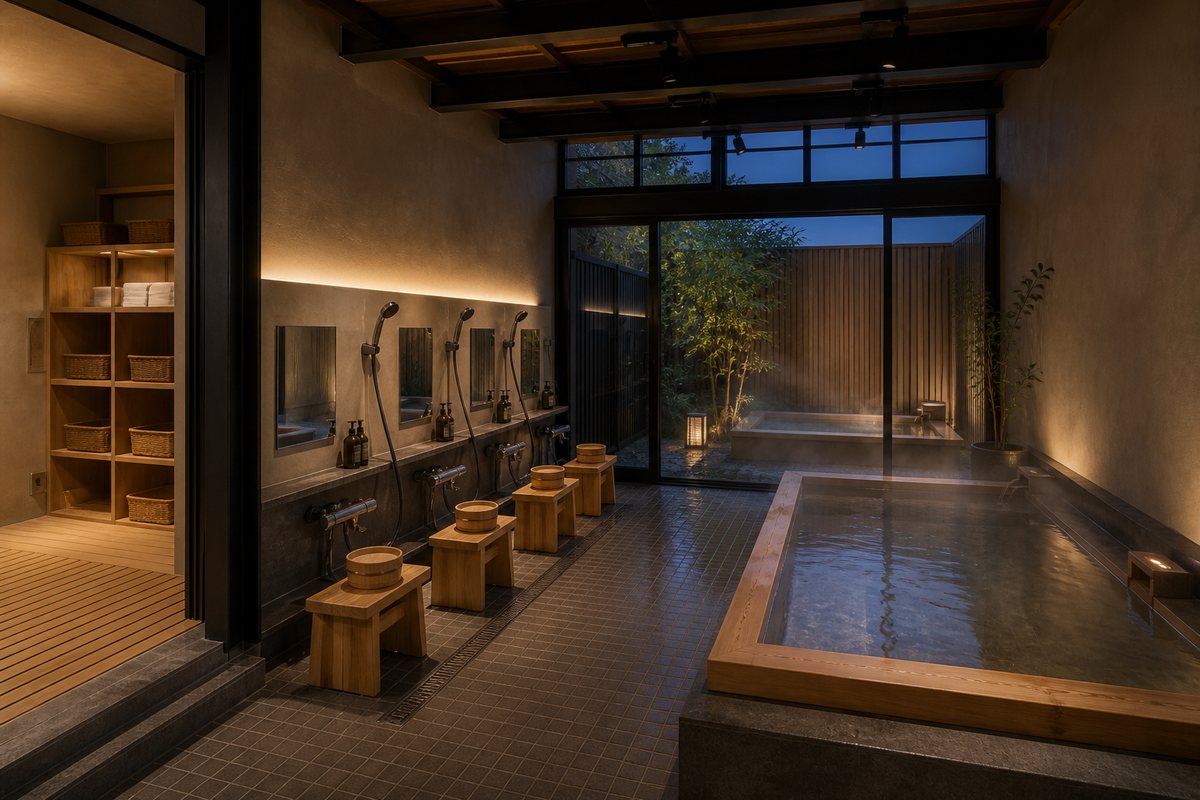 Concept visualization of the bath house: seated washing stations and an indoor bath opening to a screened outdoor bath in a small garden.