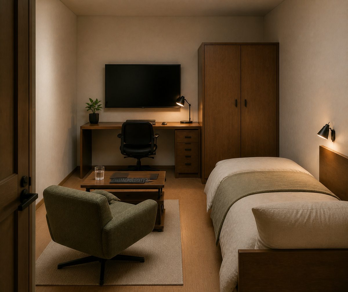 Concept visualization of a KEVIN private room in pale wood: single bed with a shoji-pattern headboard, wardrobe, wall-mounted screen, desk with task chair, and a low sofa and table.